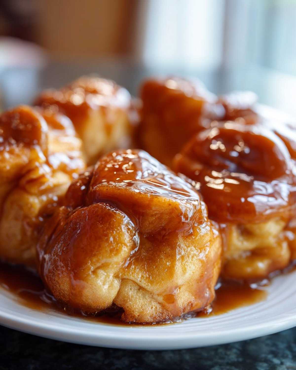Four golden-brown baked treats generously covered in thick caramel sauce, resembling an apple dumpling, served on a white plate.