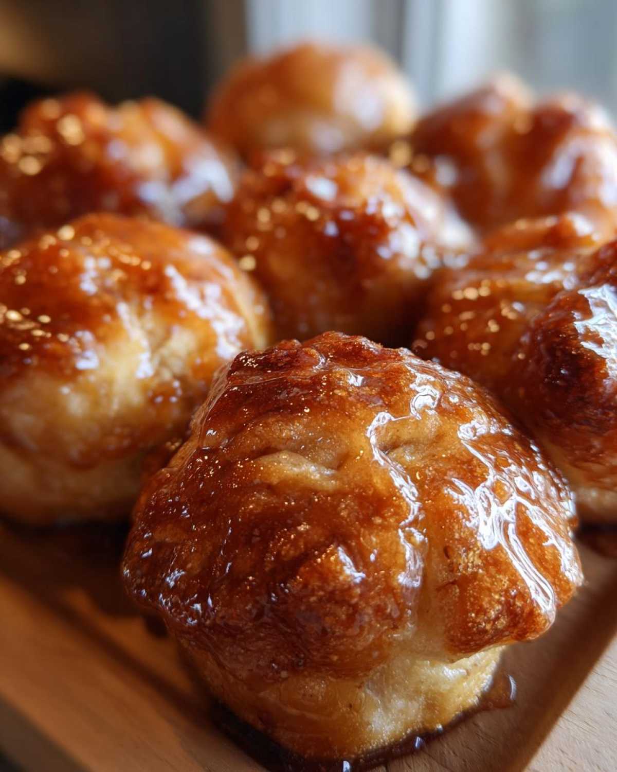 Close-up of several golden brown, glossy, glazed apple dumpling pastries arranged closely together on a wooden surface.