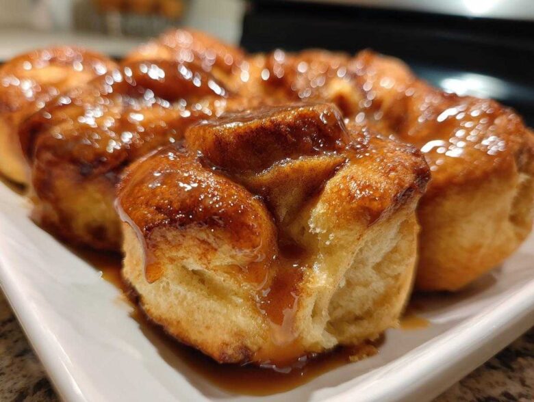 Close-up of freshly baked, golden-brown rolls covered in a shiny caramel glaze, resembling an apple dumpling dessert.