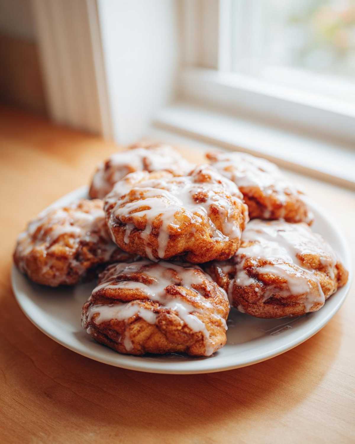 A white plate piled high with freshly baked apple fritters drizzled generously with white glaze, sitting on a wooden surface near a bright window.
