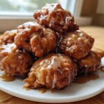 A tempting stack of golden brown baked apple fritters generously drizzled with a light glaze, served on a white plate.