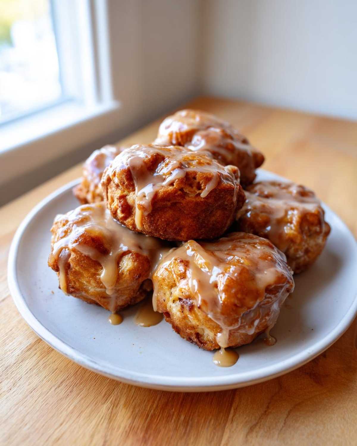 A stack of golden brown baked apple fritters generously drizzled with a caramel-colored glaze.