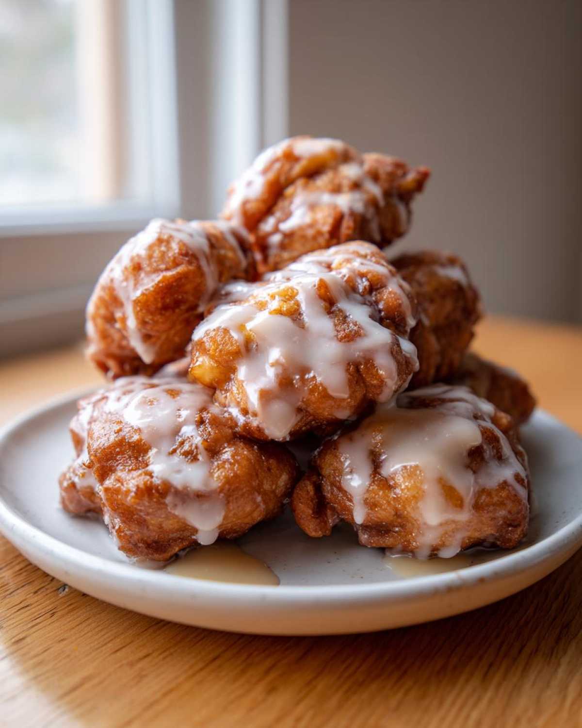 A stack of golden brown baked apple fritters drizzled with white vanilla glaze on a light plate.