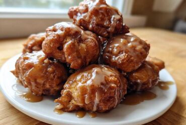 A tempting stack of golden brown baked apple fritters generously drizzled with a light glaze, served on a white plate.