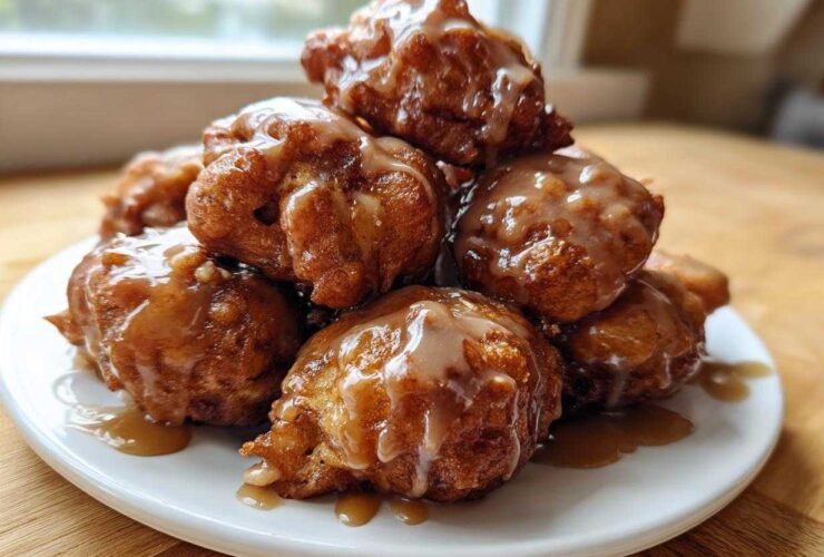 A tempting stack of golden brown baked apple fritters generously drizzled with a light glaze, served on a white plate.