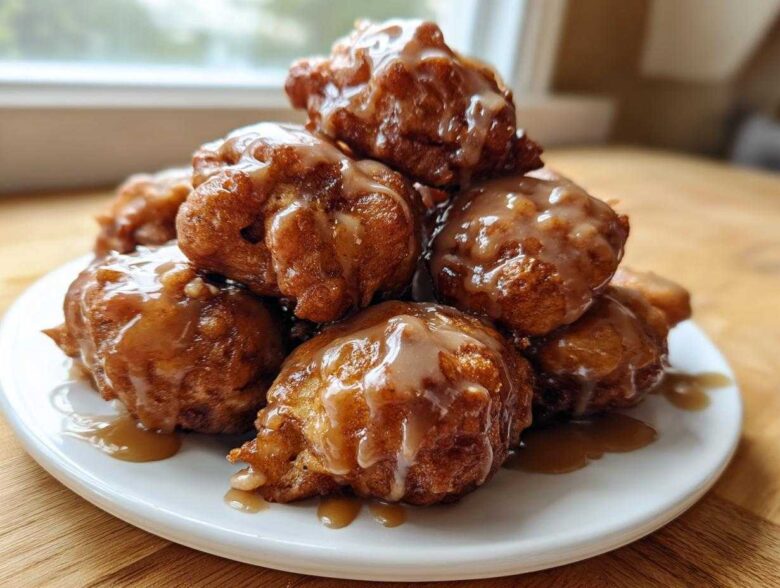 A tempting stack of golden brown baked apple fritters generously drizzled with a light glaze, served on a white plate.
