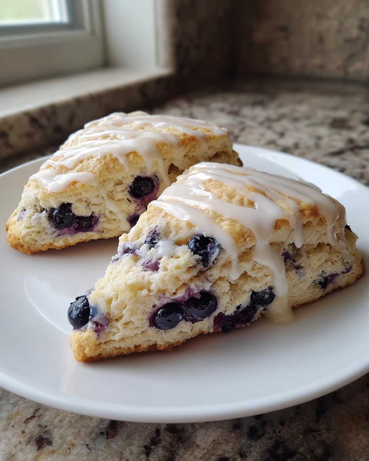 Two bakery-style blueberry scones topped with a thick white glaze, resting on a white plate.