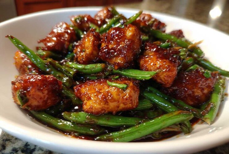 Close-up of glazed, saucy chicken pieces mixed with bright green beans, a featured dish of chicken and green beans.