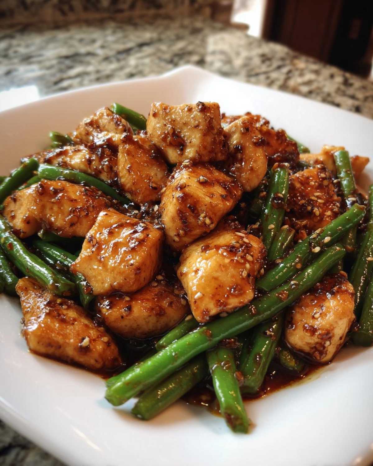 Close-up of glazed chicken pieces mixed with bright green beans, a perfect chicken and green beans dinner.