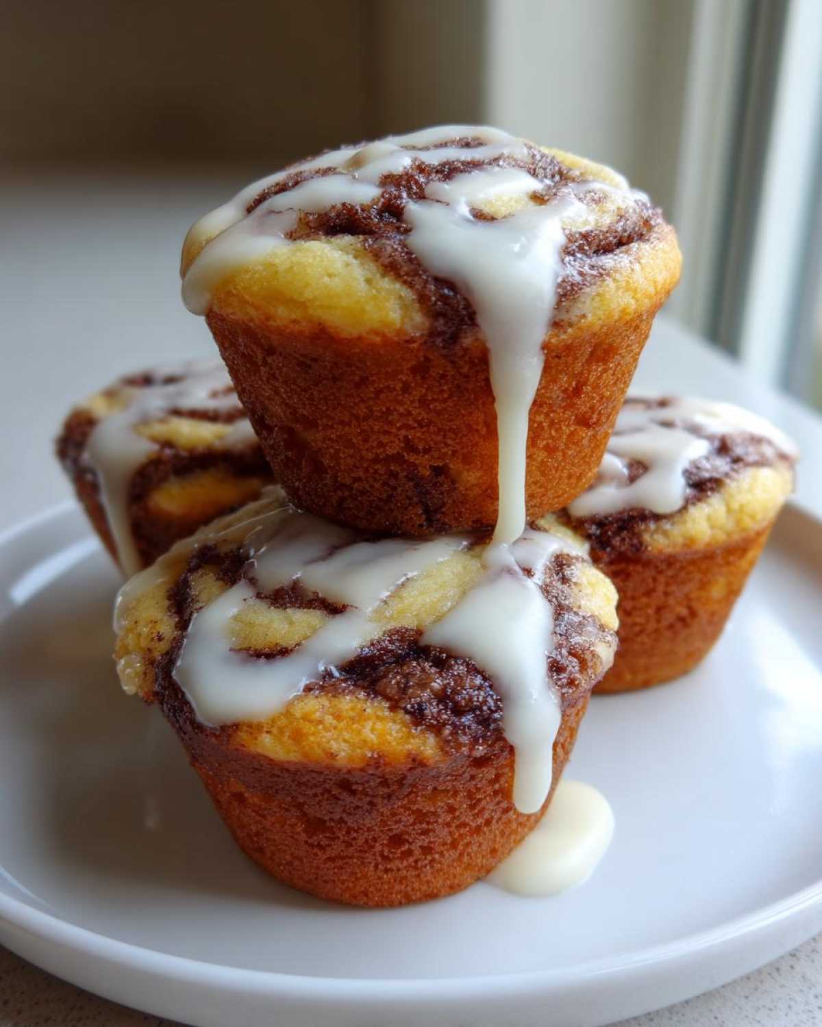 A stack of three delicious cinnamon roll muffins topped with thick white icing dripping down the sides.