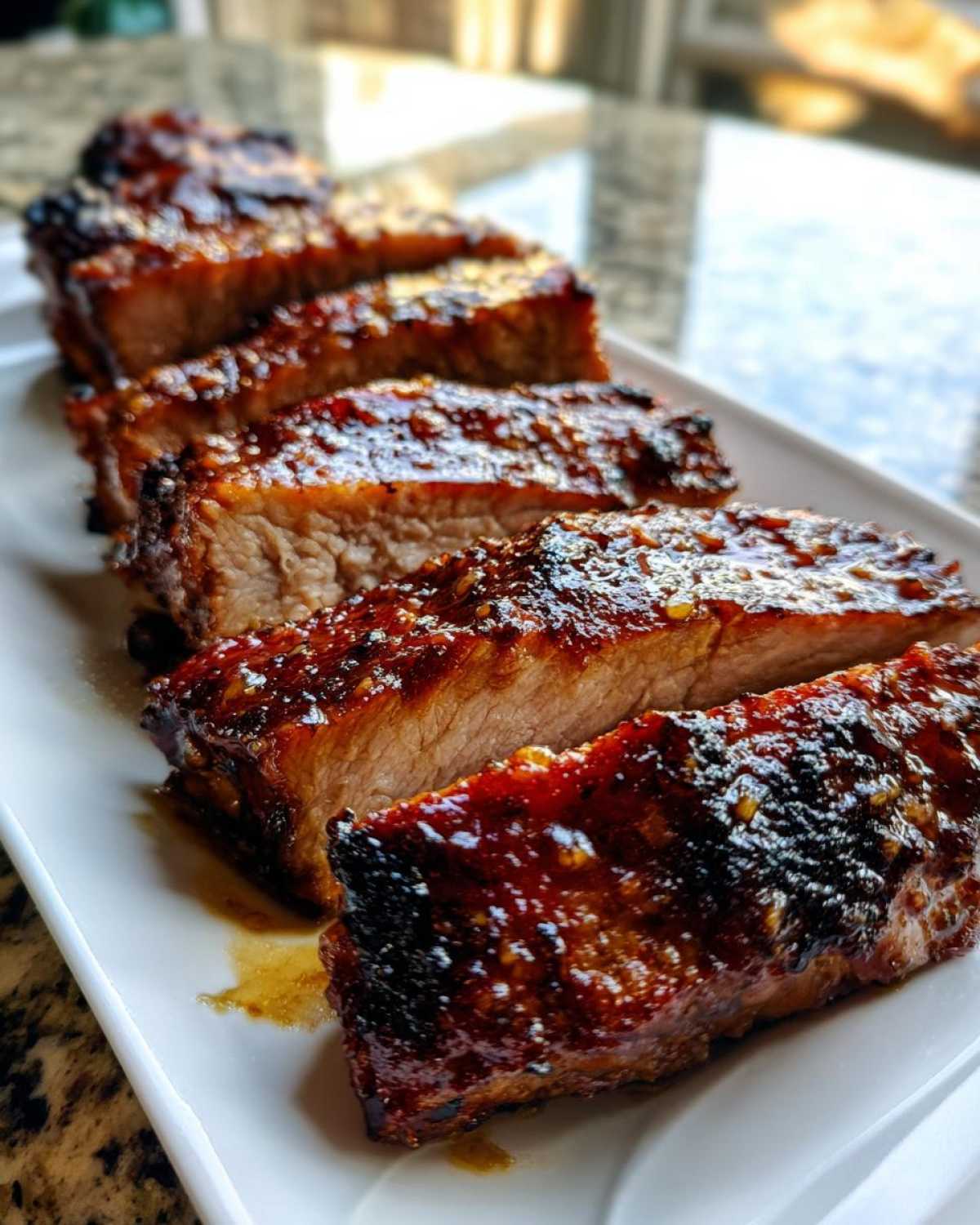 Close-up of thick slices of glazed pork tenderloin recipe meat, showing a juicy interior and caramelized exterior.