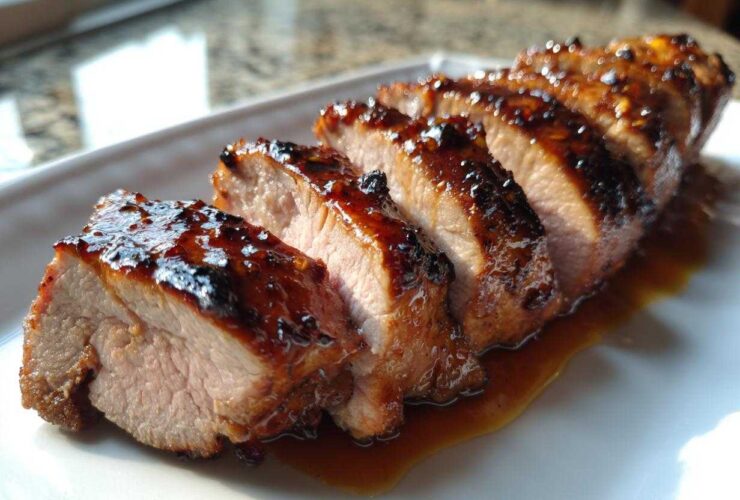 Close-up of perfectly cooked, sliced pork tenderloin recipe with a shiny, dark glaze resting in its juices.