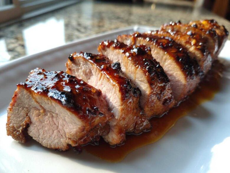 Close-up of perfectly cooked, sliced pork tenderloin recipe with a shiny, dark glaze resting in its juices.