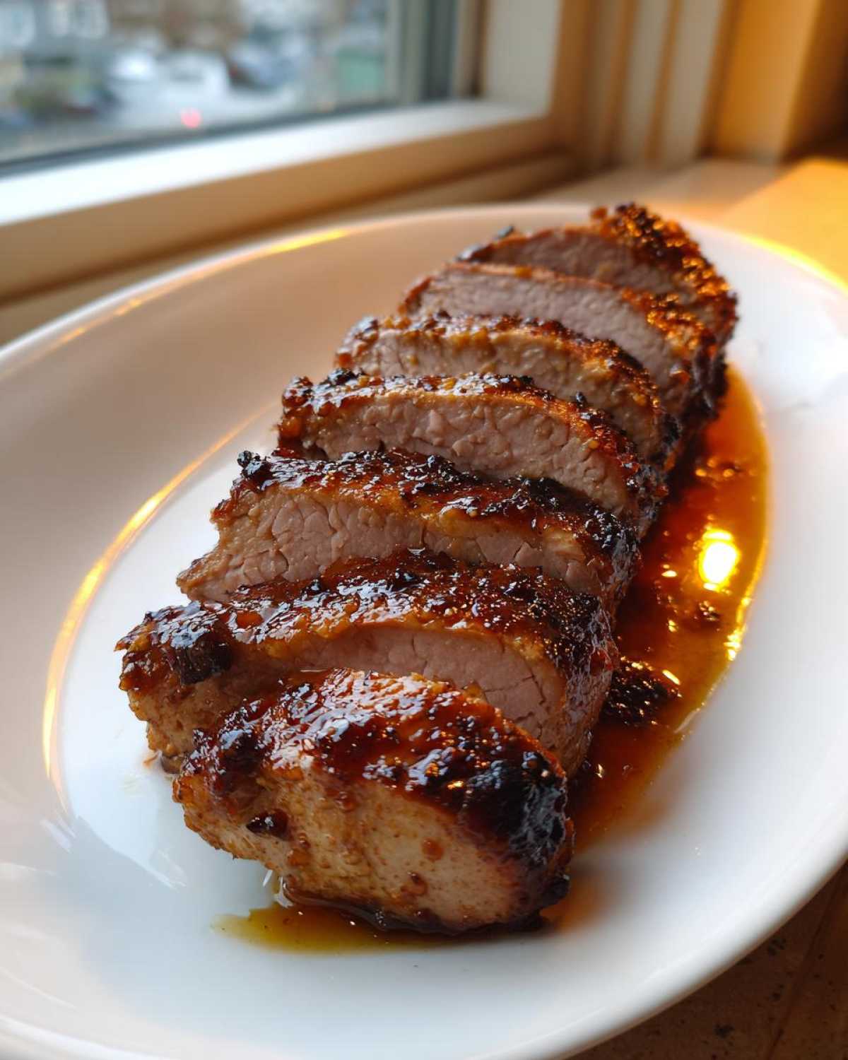 Slices of perfectly cooked, glazed pork tenderloin recipe resting in sauce on a white platter near a window.