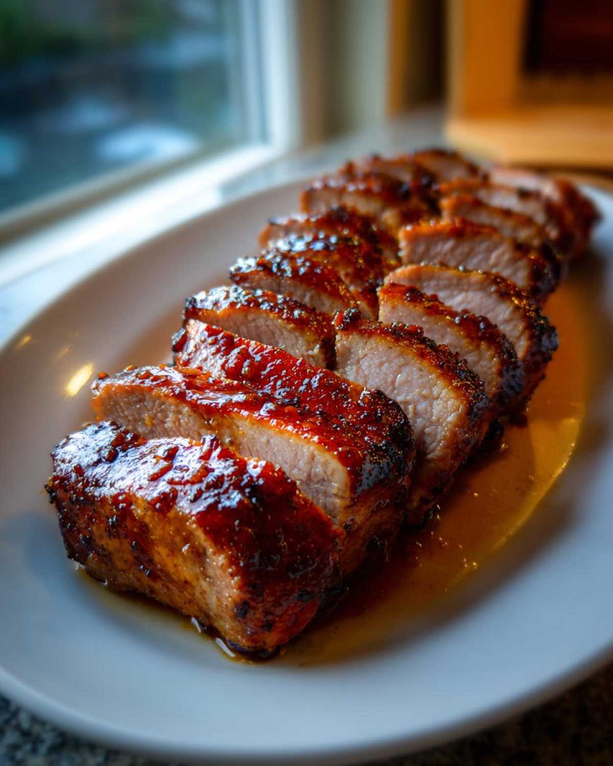 Close-up of a perfectly cooked and sliced pork tenderloin recipe with a shiny, dark glaze resting on a white platter.