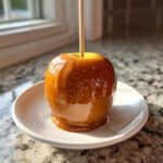 A shiny, freshly made caramel apple on a stick resting on a small white plate.