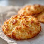 A close-up, golden-brown baked cloud bread with a textured, slightly crispy top.