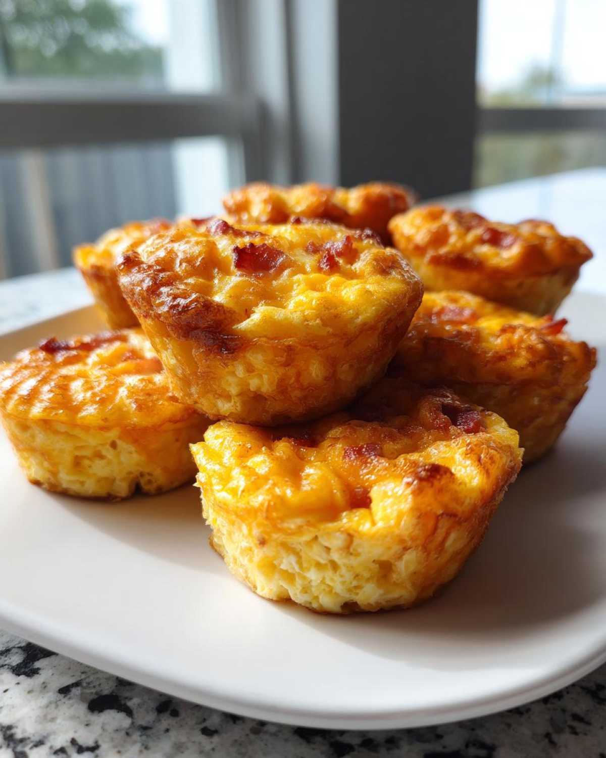 A stack of golden brown, baked egg bites with visible bacon pieces, perfect for a quick egg breakfast.