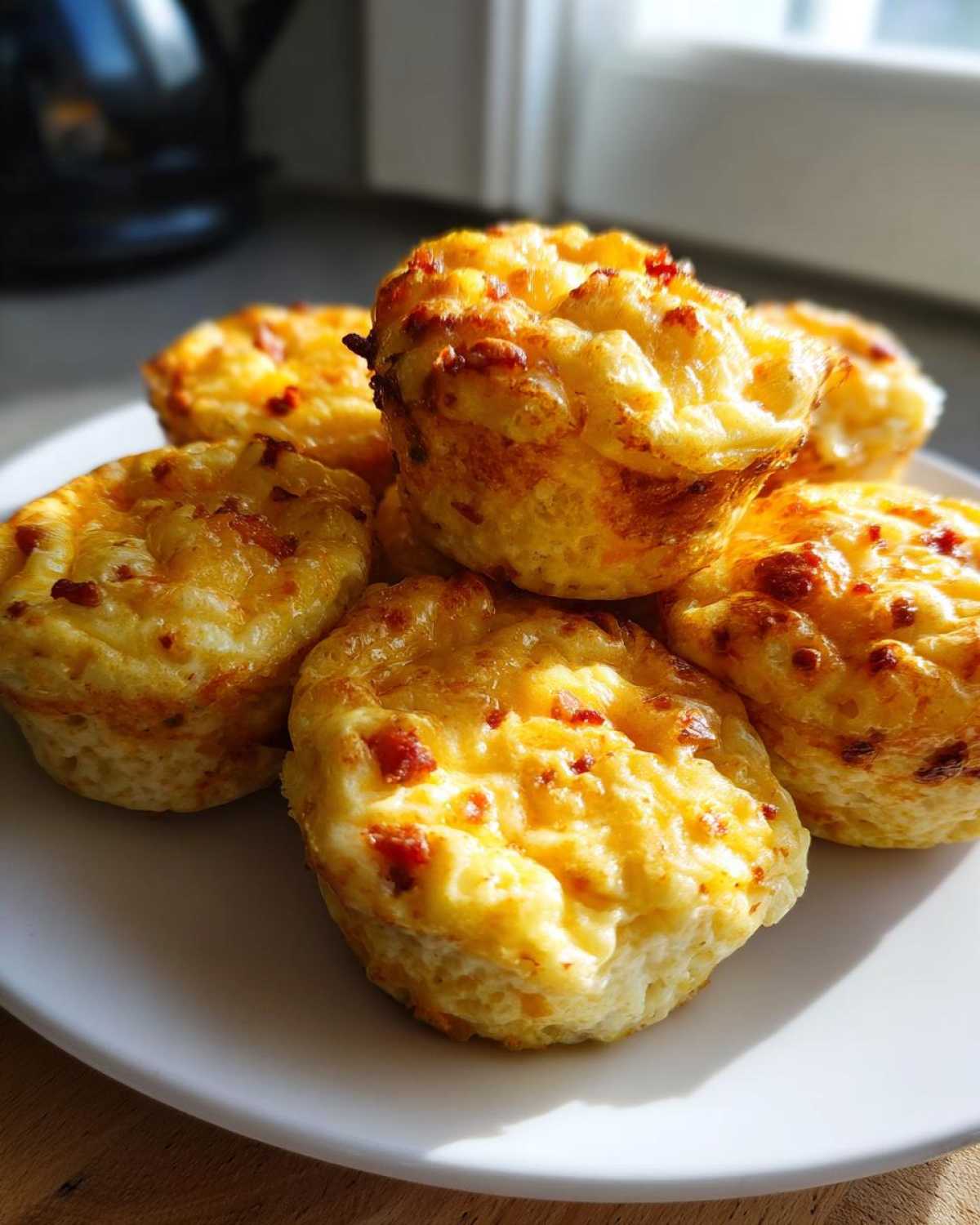 A stack of golden brown baked egg bites, rich with cheese and bacon bits, sitting on a white plate.