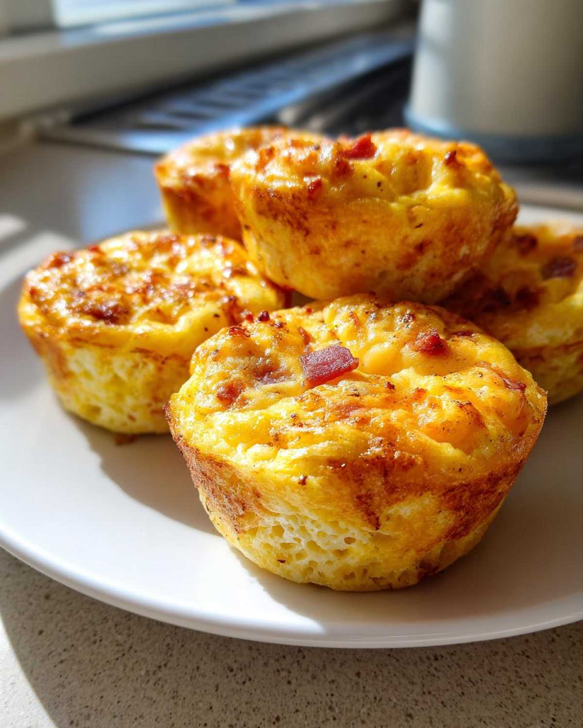 A stack of golden brown, baked egg bites topped with small pieces of bacon, served on a white plate.