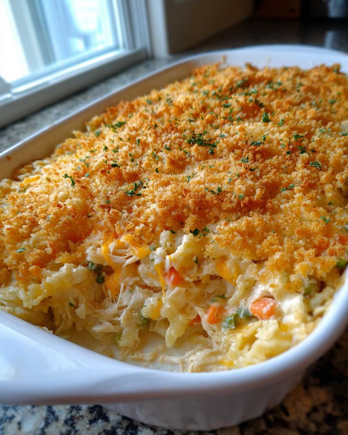 A scoop has been taken out of a creamy chicken noodle casserole topped with golden breadcrumbs and parsley.