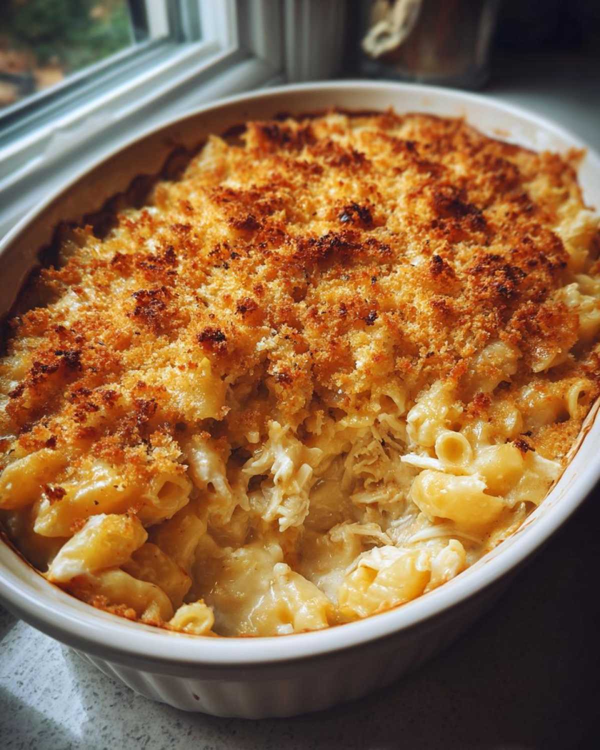 A close-up of a creamy chicken noodle casserole with a perfectly golden, crunchy breadcrumb topping.
