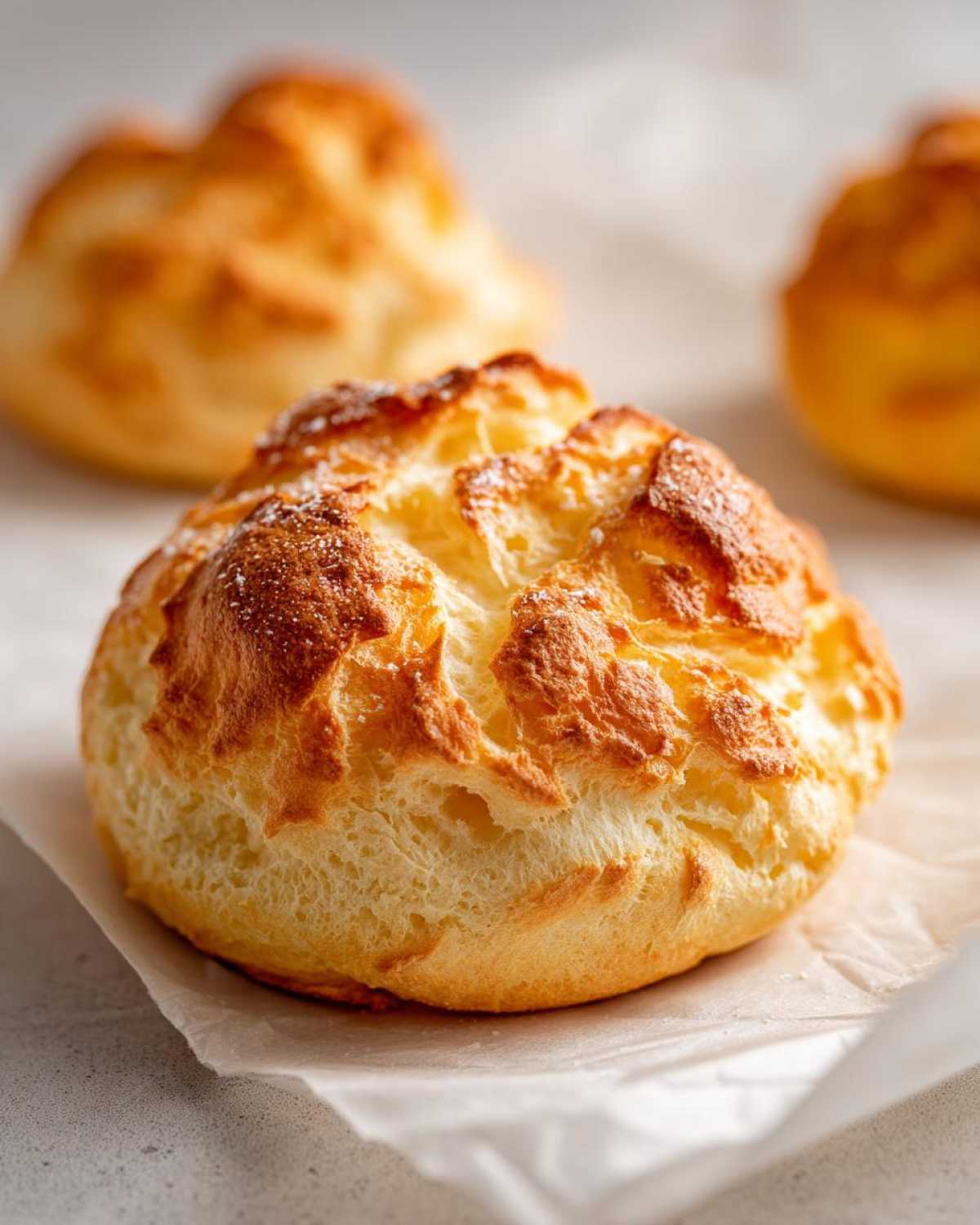 Close-up of a single, golden-brown, fluffy cloud bread bun resting on parchment paper.