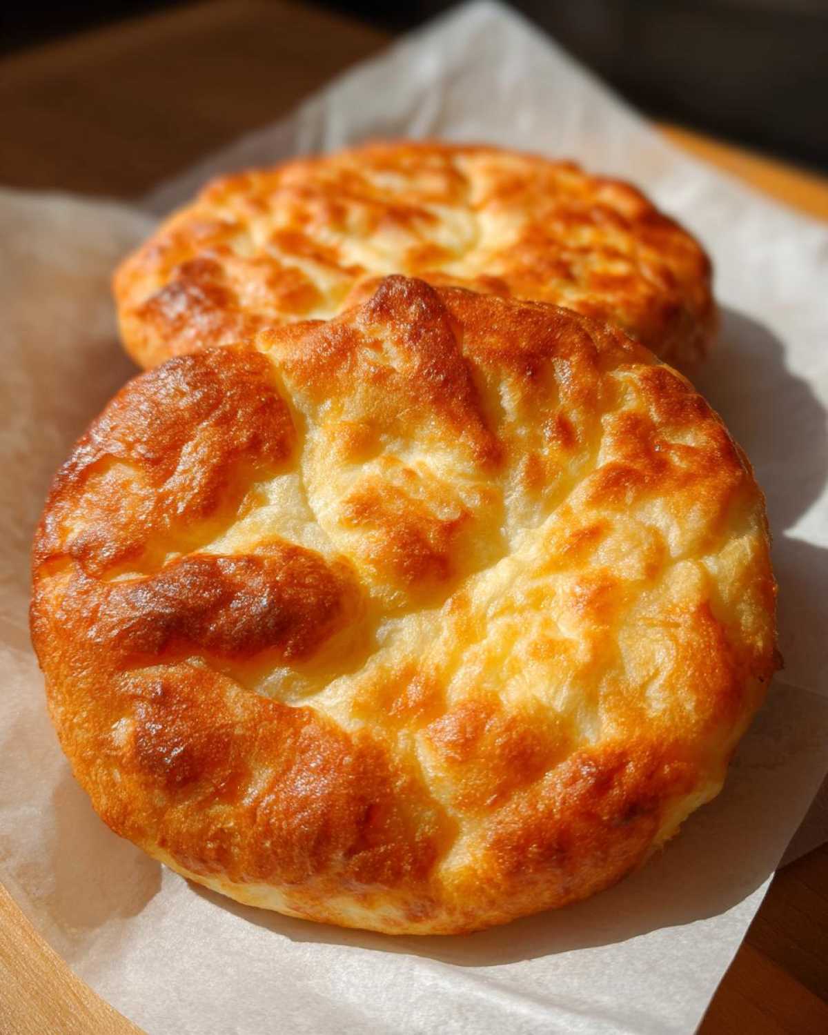 Two golden brown, fluffy rounds of homemade cloud bread sitting on parchment paper.