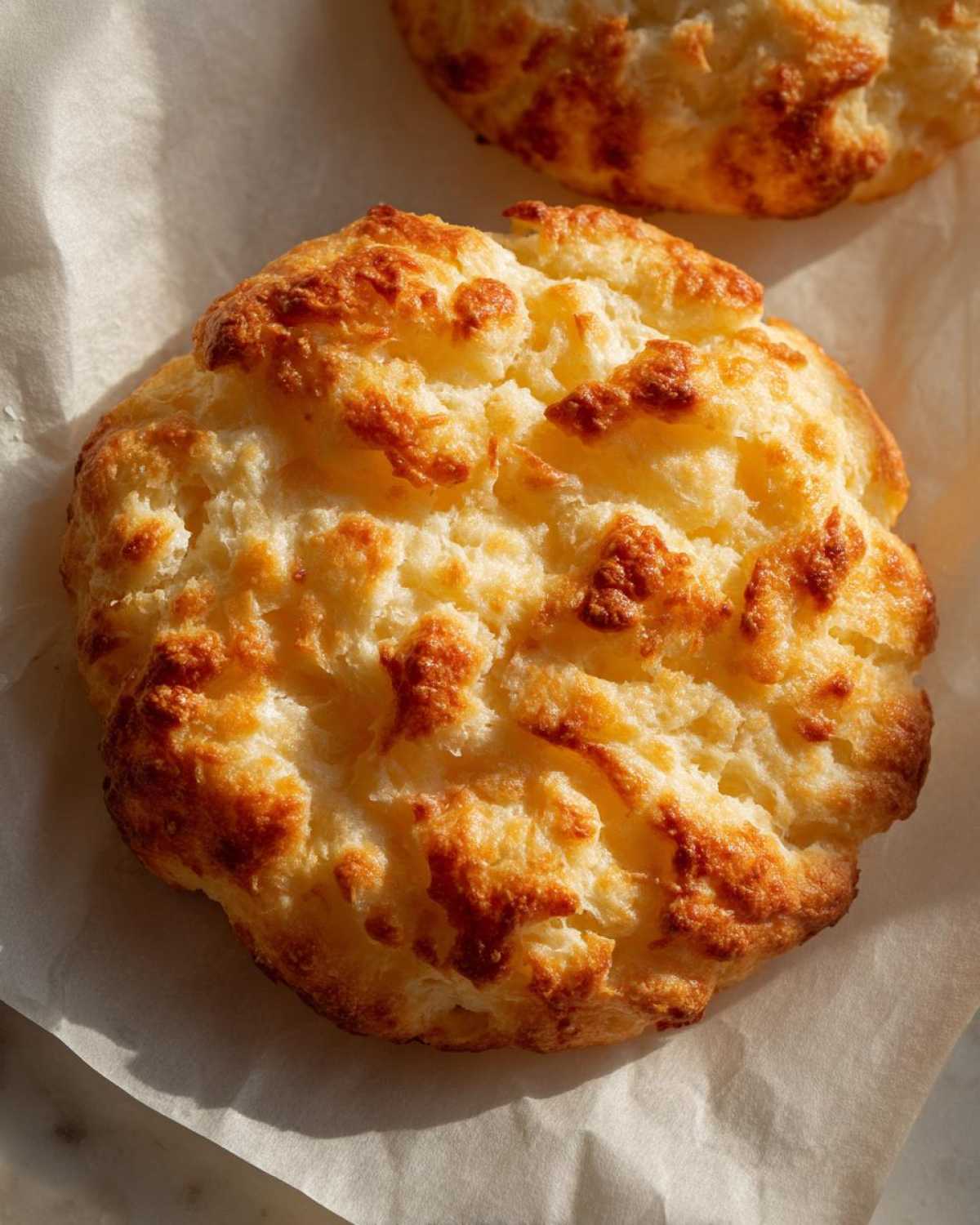 Close-up of a freshly baked, golden brown cloud bread with a slightly crispy top.