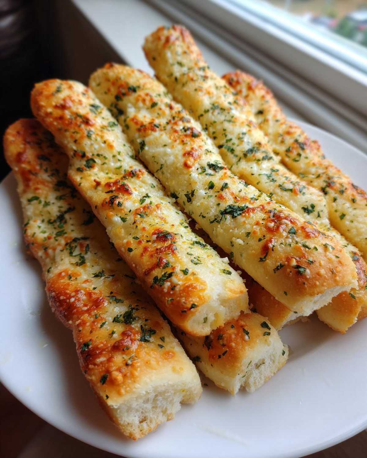Close-up of several golden brown, cheesy garlic breadsticks sprinkled with parsley on a white plate.