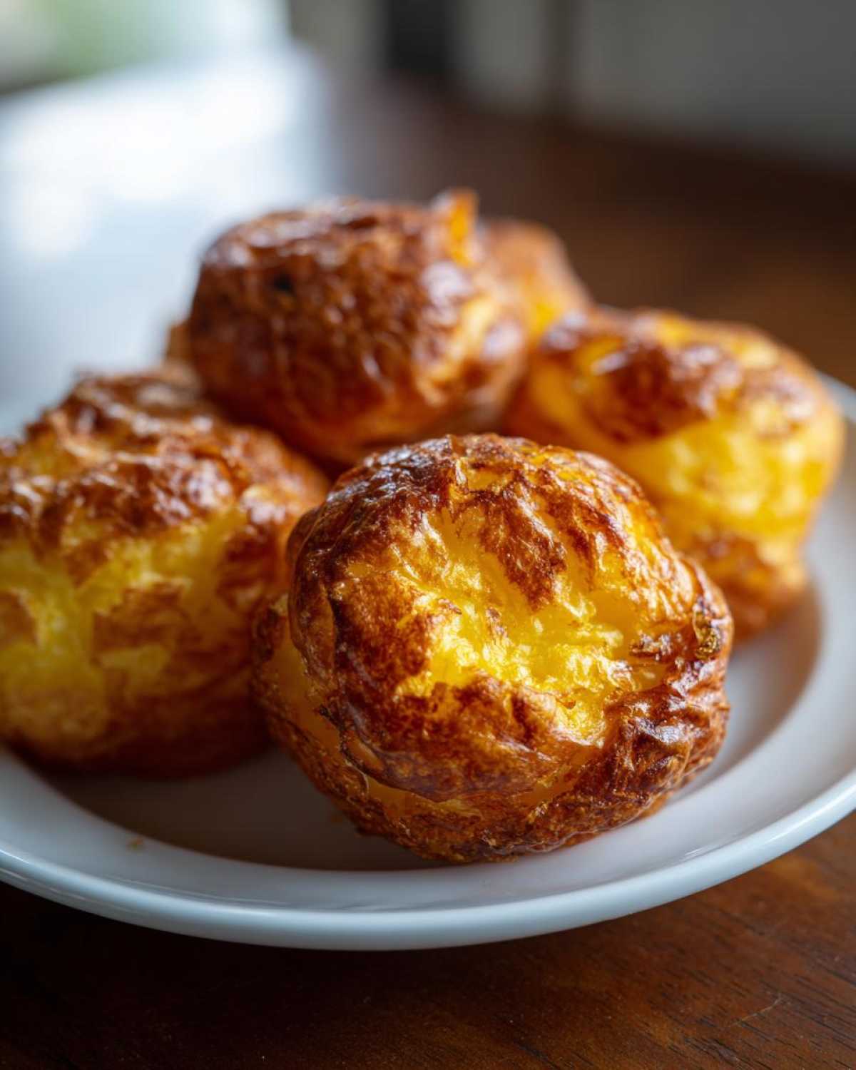Close-up of golden brown, puffed Yorkshire puddings, often served alongside roast potatoes.