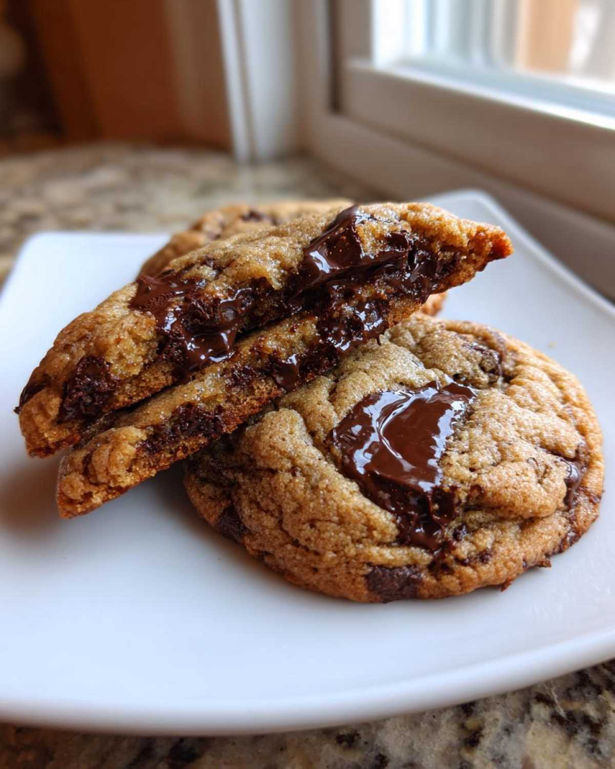 Close-up of gooey sourdough chocolate chip cookies, one broken in half showing melted chocolate center.