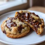 Close-up of two thick sourdough chocolate chip cookies on a white plate, one broken open revealing a molten, gooey chocolate center.