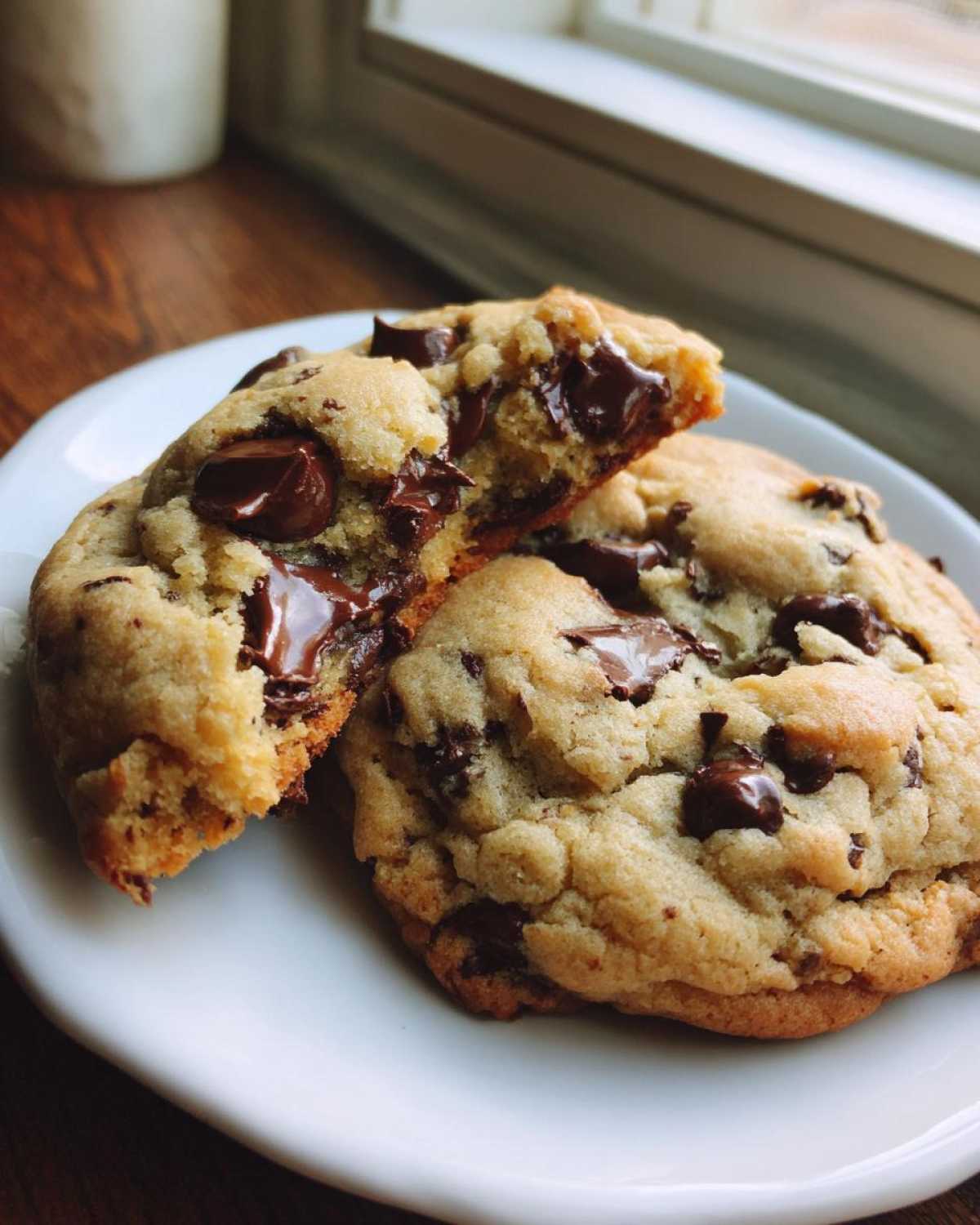 Two thick, chewy sourdough chocolate chip cookies on a white plate, one broken in half showing melted chocolate chips.