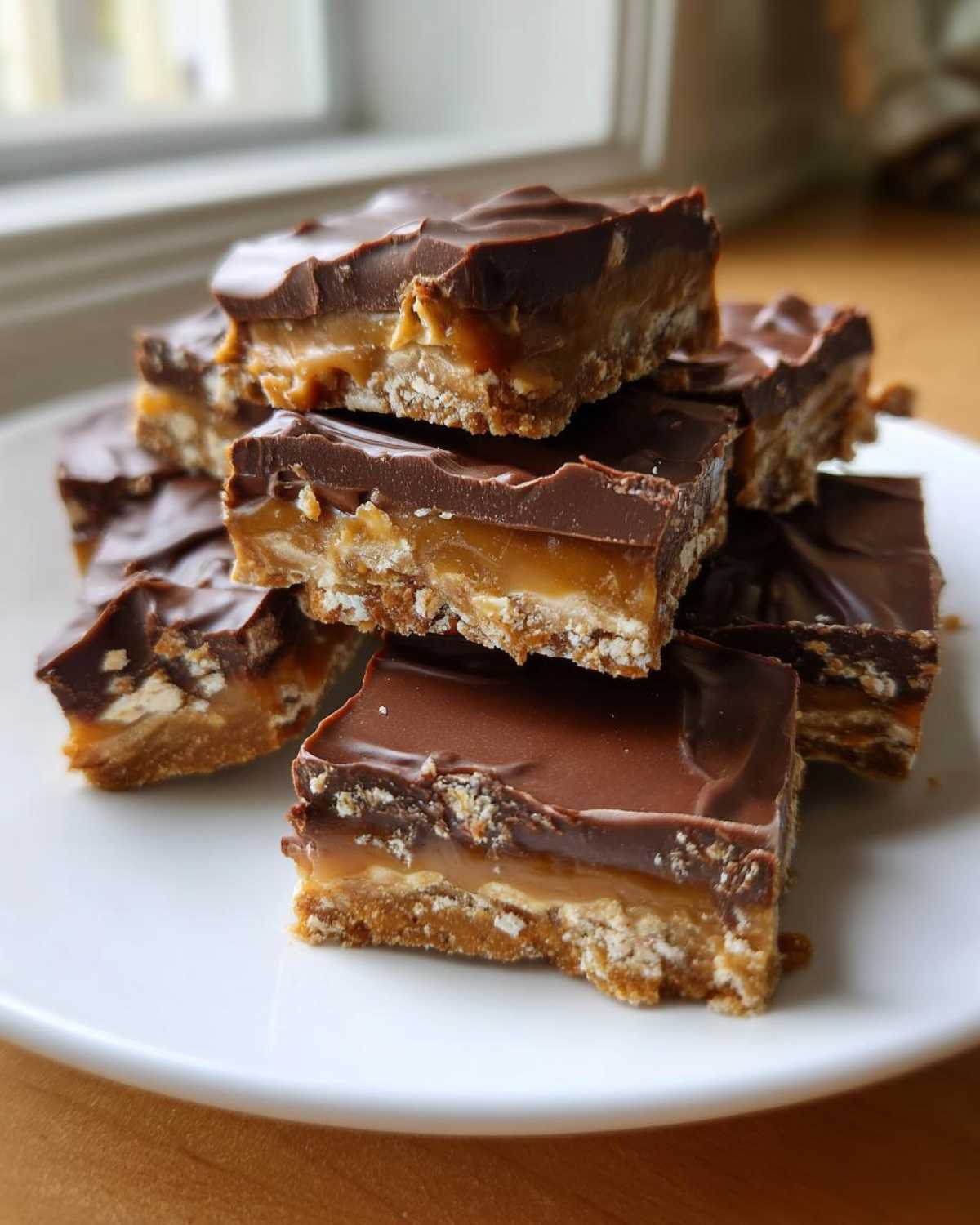 A stack of rich graham cracker toffee bars with a thick chocolate top layer and gooey caramel center.