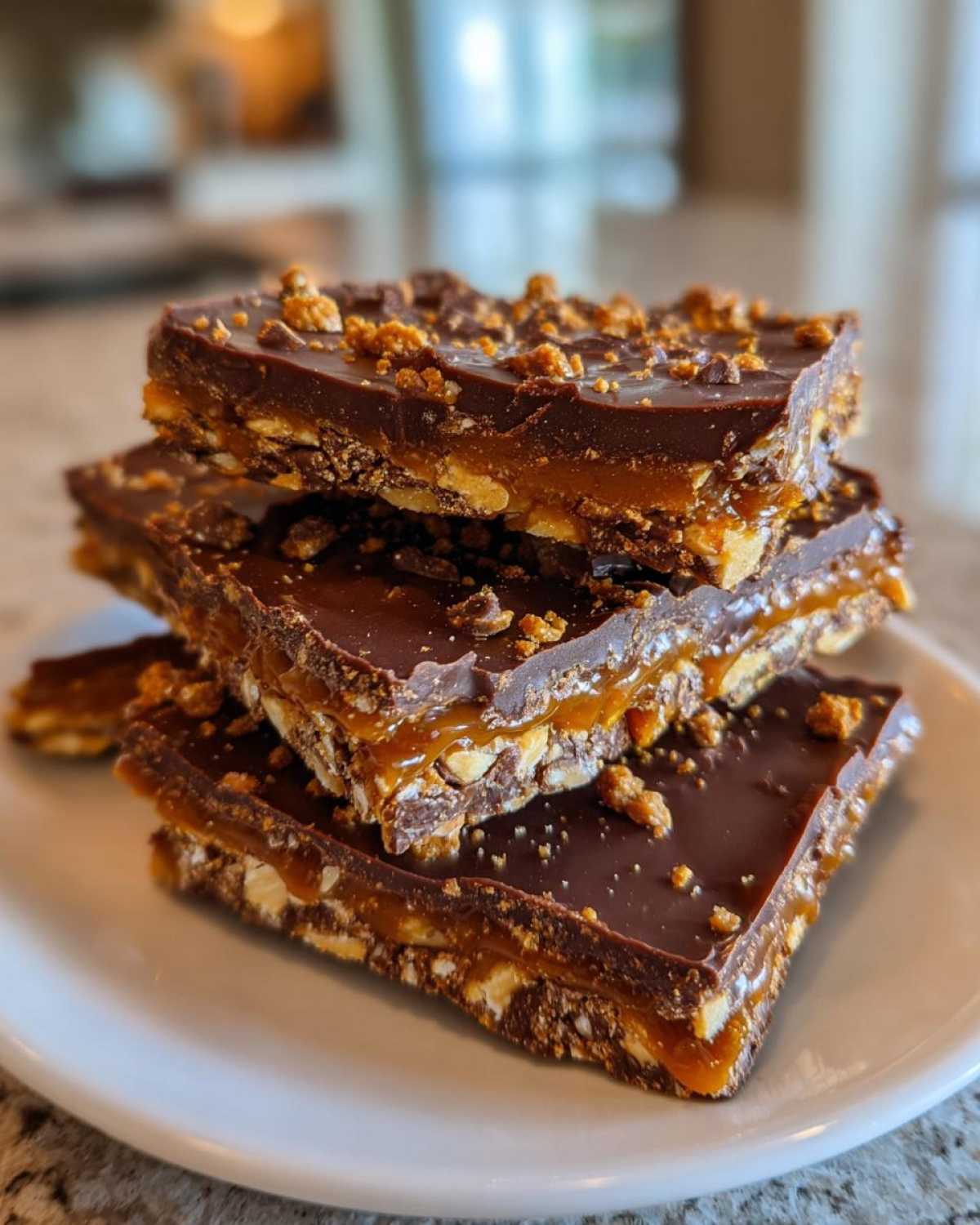 A stack of rich graham cracker toffee squares layered with caramel and topped with chocolate and crumbs.