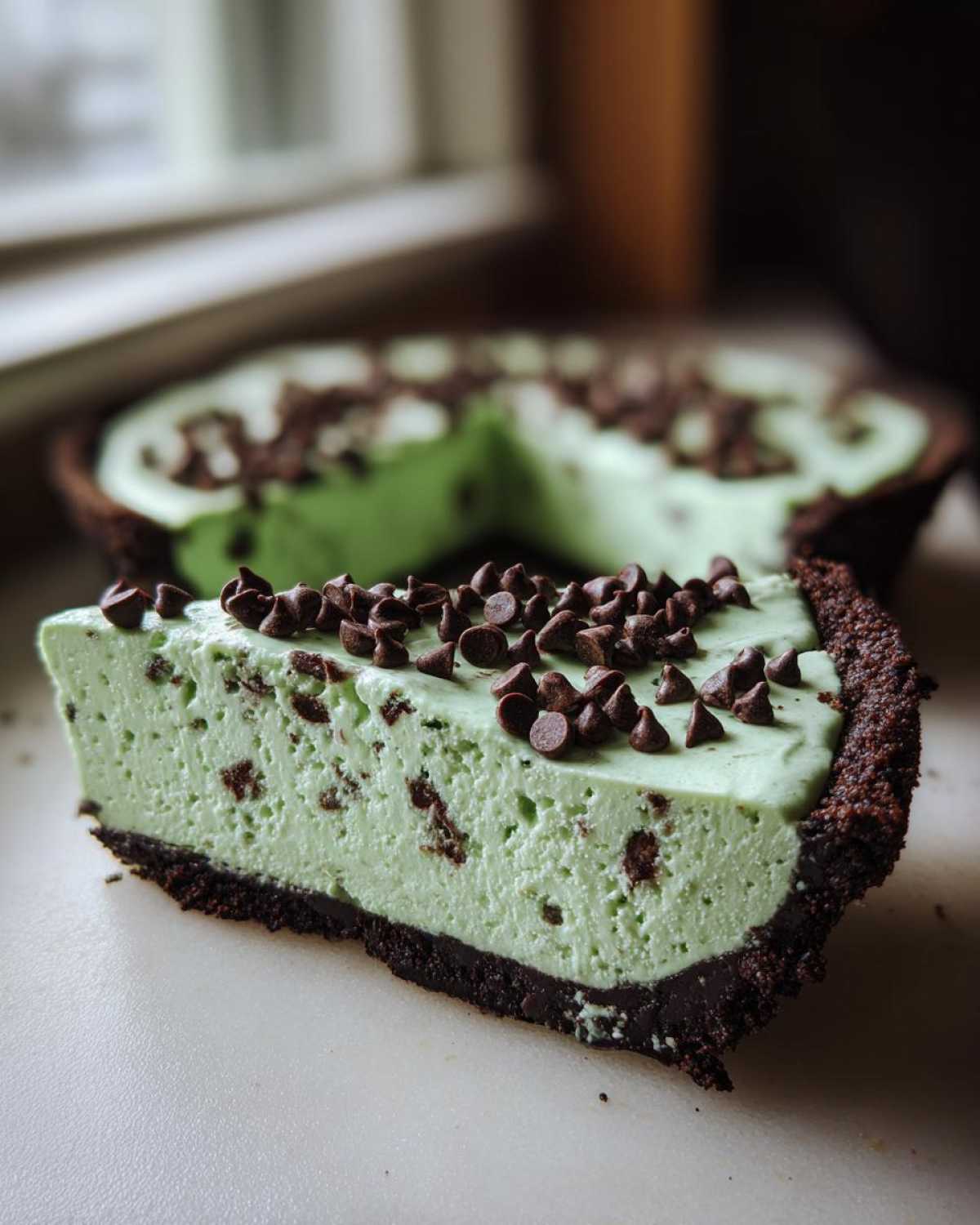 A close-up slice of light green grasshopper pie with chocolate chips in a dark crust, with the rest of the pie blurred in the background.