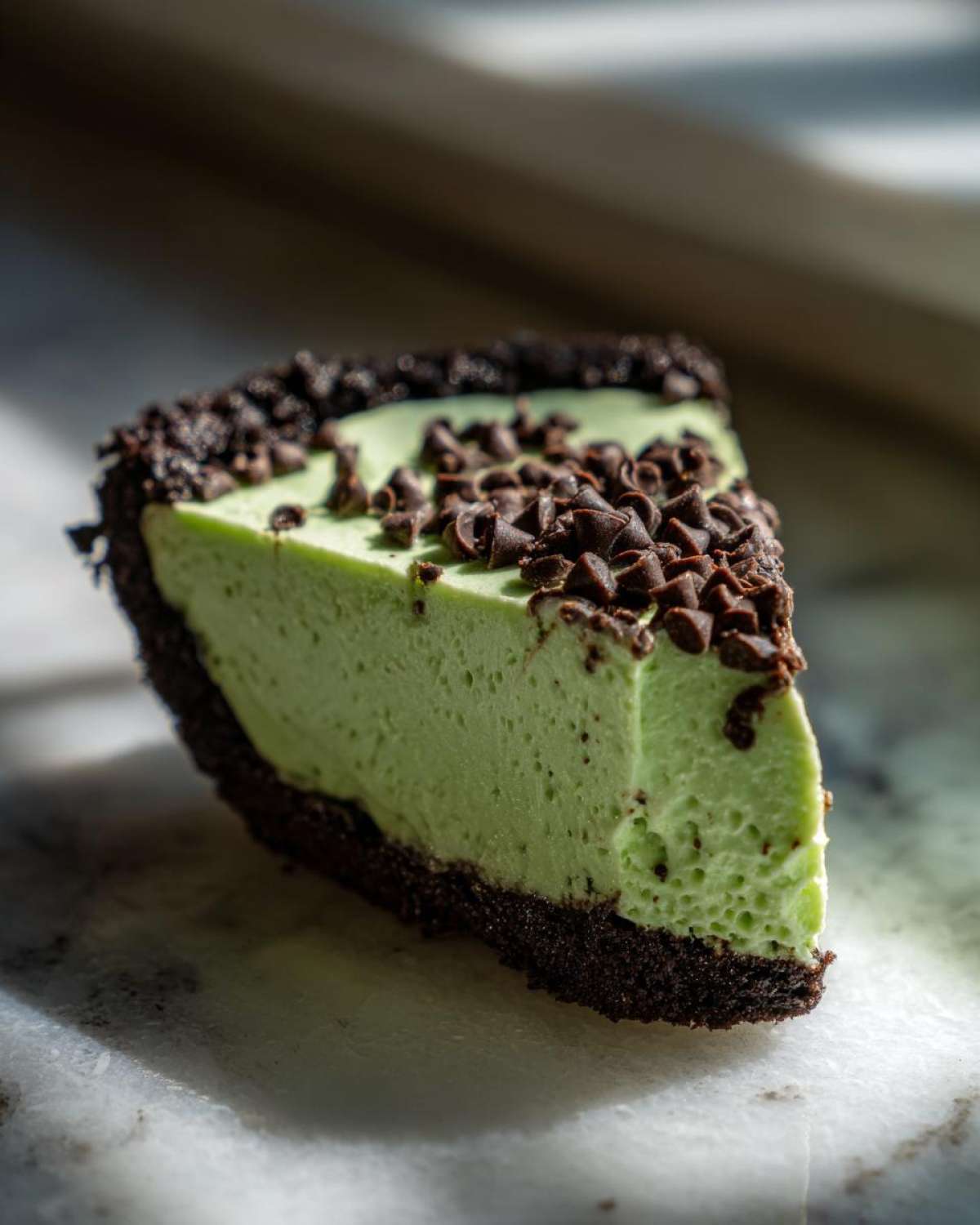 A close-up of a slice of bright green grasshopper pie with a dark chocolate crust and chocolate chips on top.