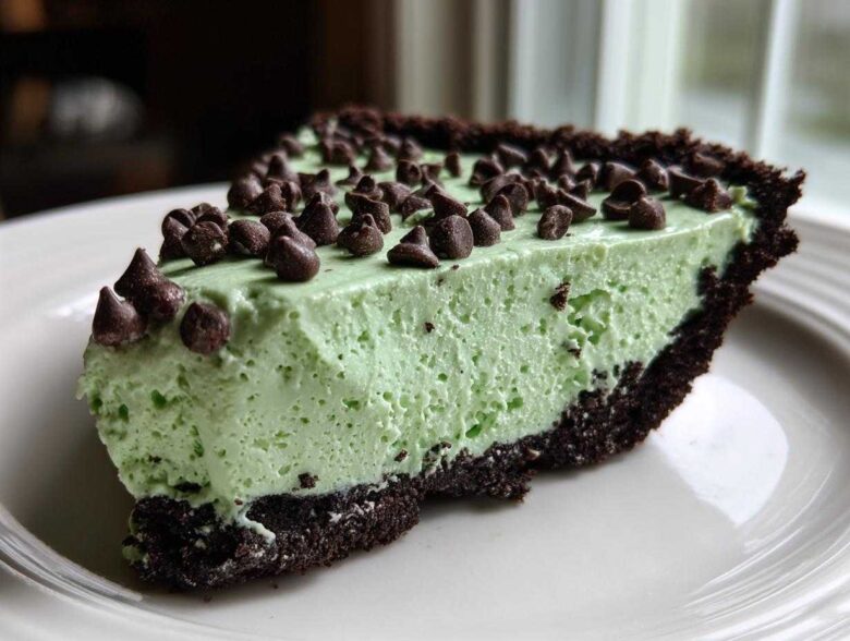 A close-up slice of bright green grasshopper pie with a dark chocolate crust, topped with mini chocolate chips.