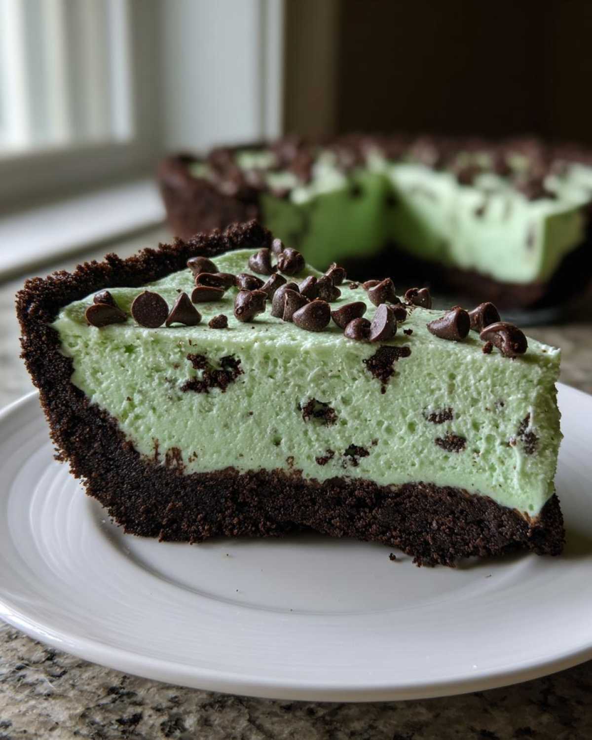 A close-up slice of bright green grasshopper pie with a dark chocolate crust, topped with chocolate chips.