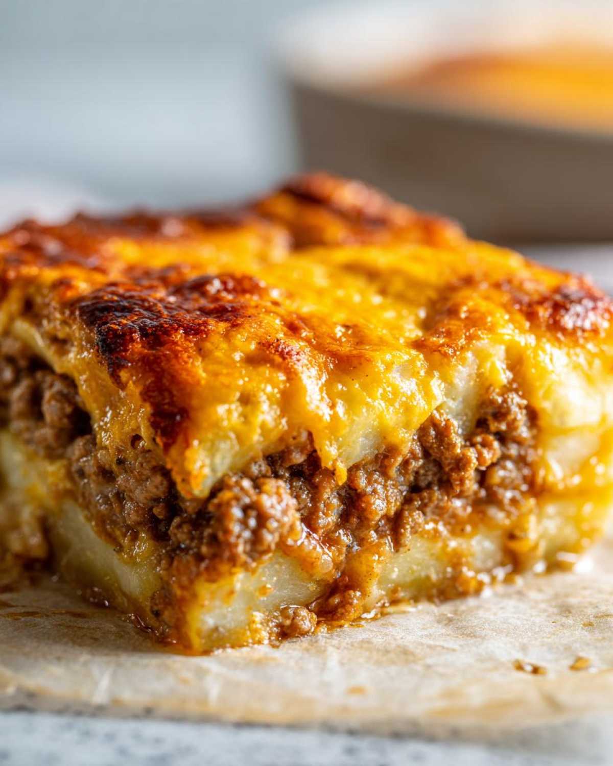 Close-up of a thick slice of hamburger potato casserole with layers of ground beef and melted, browned cheese topping.