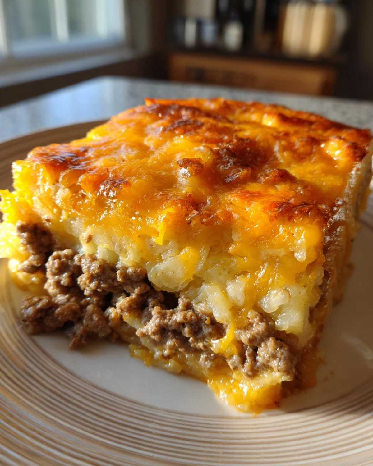 A close-up slice of hamburger potato casserole showing layers of ground beef, potatoes, and a melted, browned cheddar cheese topping.