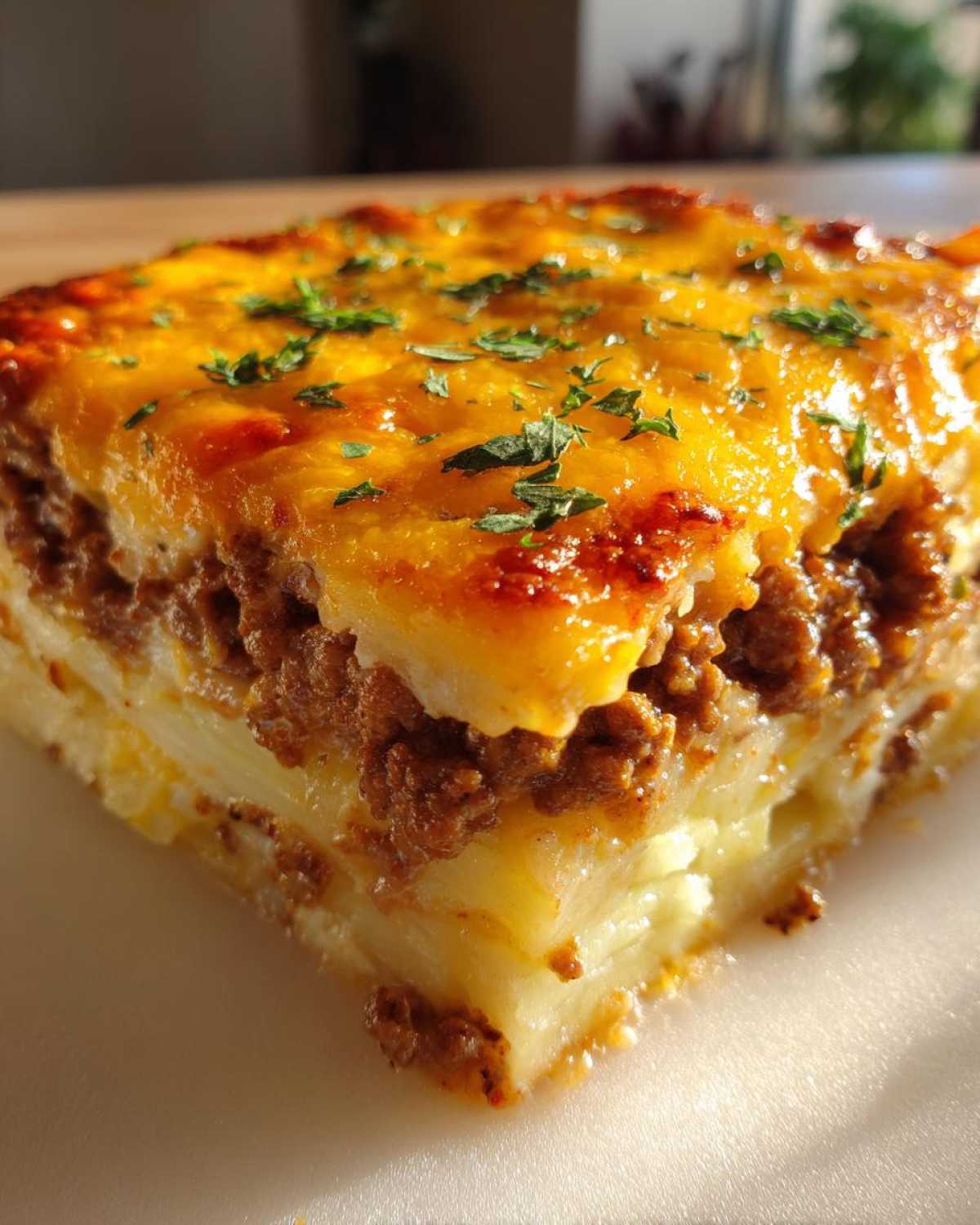 Close-up of a square slice of hamburger potato casserole layered with ground beef and topped with melted, golden cheese.