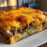 A thick, cheesy slice of hamburger potato casserole featuring layers of ground beef and potatoes topped with melted cheddar.