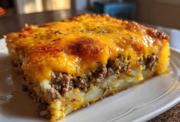 A thick, cheesy slice of hamburger potato casserole featuring layers of ground beef and potatoes topped with melted cheddar.