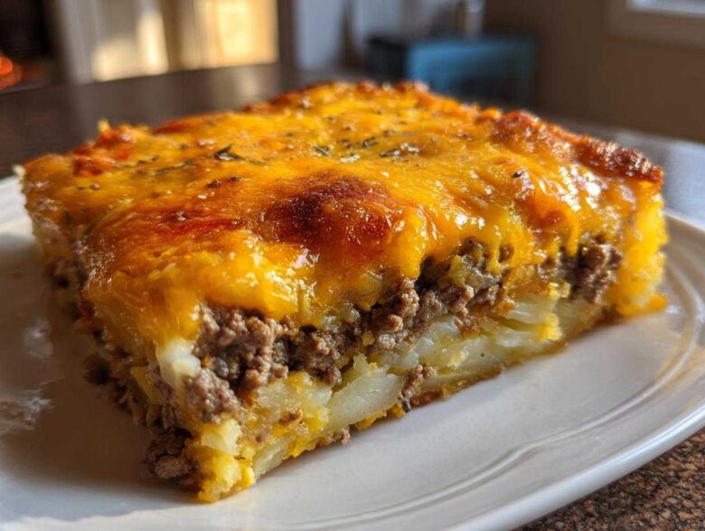 A thick, cheesy slice of hamburger potato casserole featuring layers of ground beef and potatoes topped with melted cheddar.