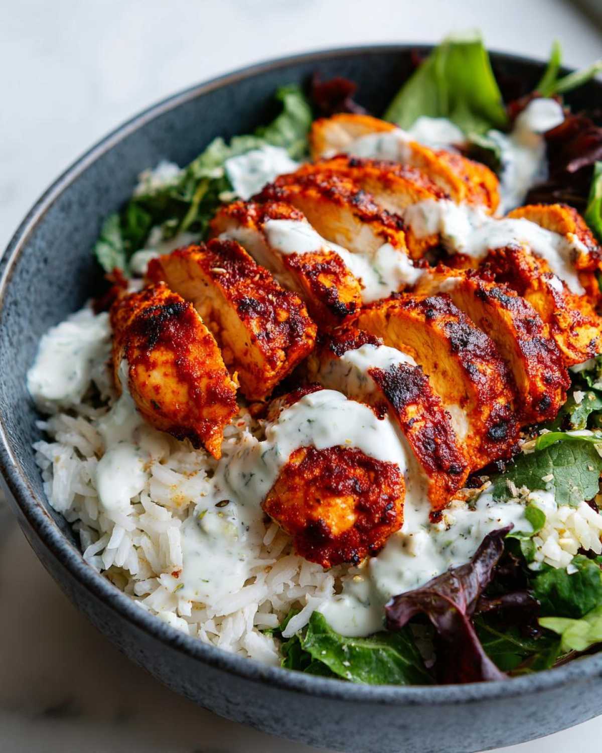 Close-up of sliced, vibrant red harissa chicken served over rice and greens, drizzled with a creamy white yogurt sauce.