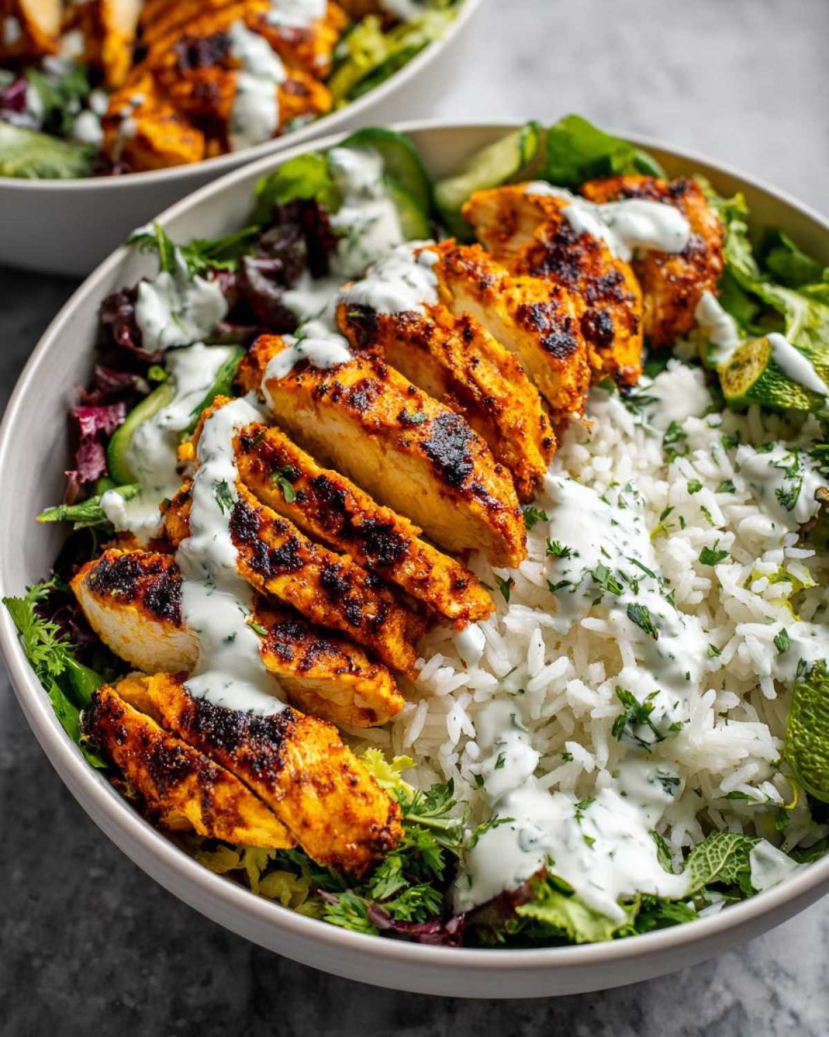 Close-up of a bowl featuring sliced, spiced harissa chicken served over white rice, mixed greens, and drizzled with a creamy white sauce.