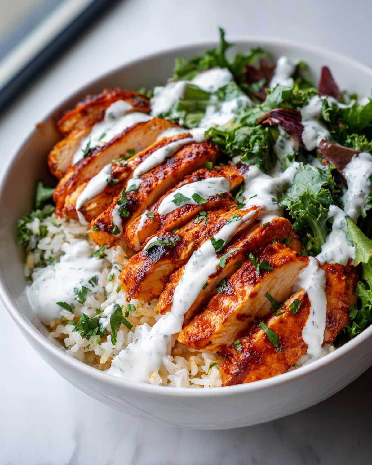 Close-up of a bowl featuring sliced harissa chicken served over rice with a side of greens and drizzled with white sauce.