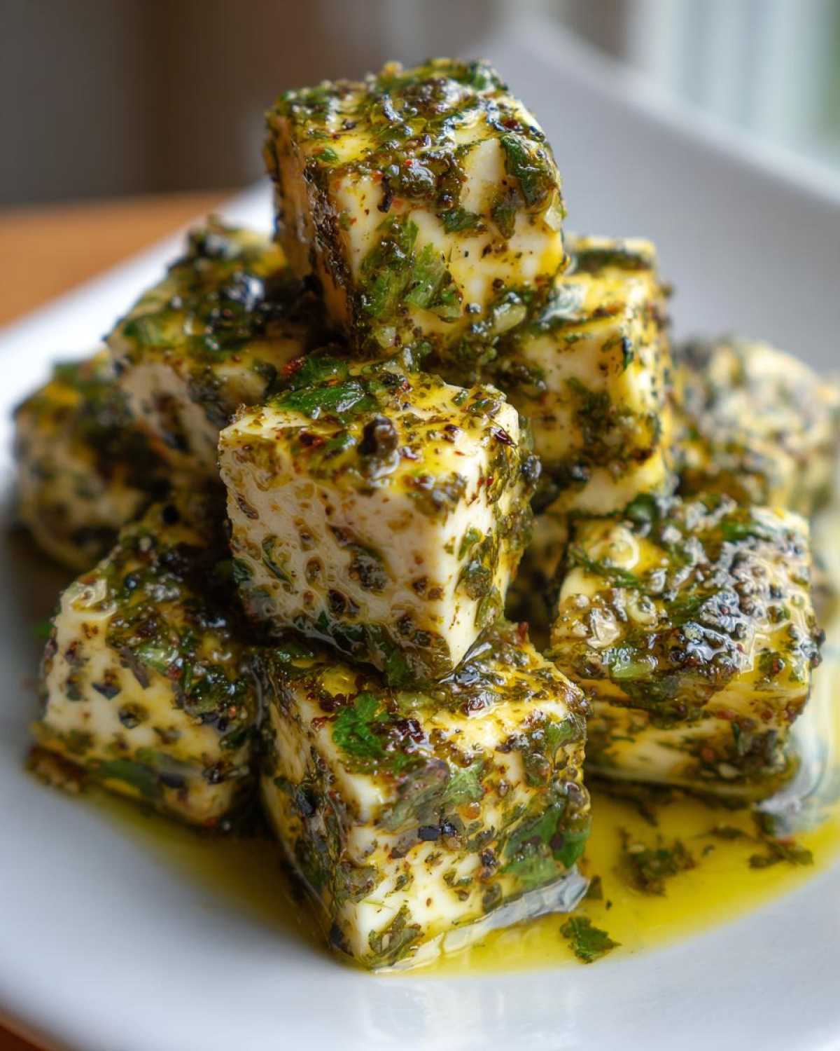 Close-up of cubes of white cheese heavily coated in a green herb marinade, piled on a white plate.